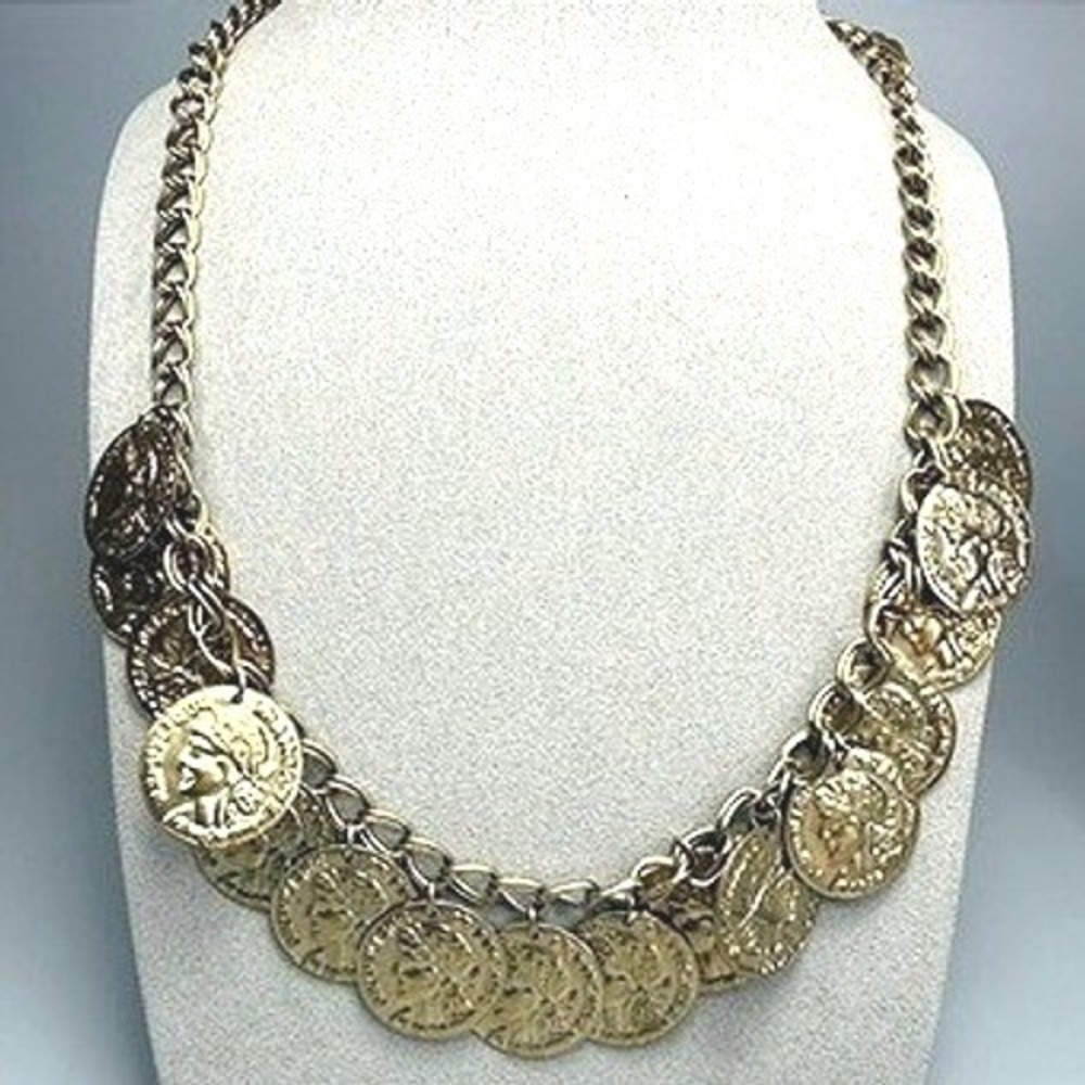 Gold Tone Coin Fringe Necklace 23" Retro Statement